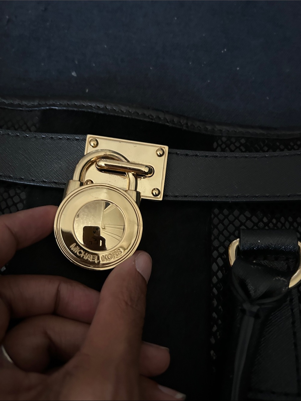 Michael Kors Black Mixed-Texture Tote with Gold Logo Lock - Picture 3 of 6